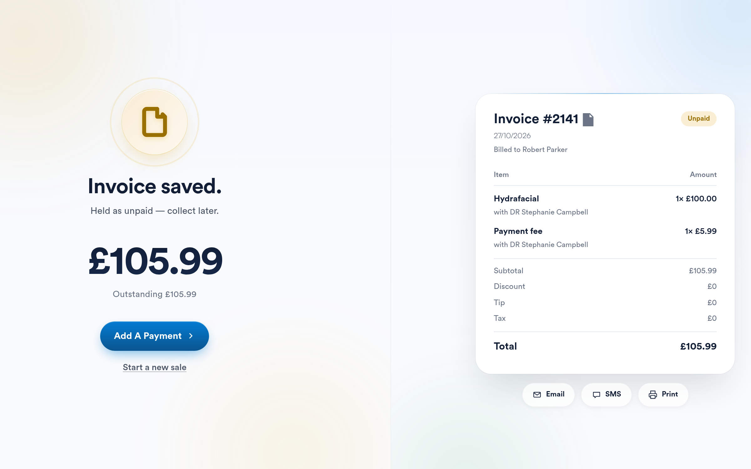 Invoice saved screen with the Email, SMS and Print buttons