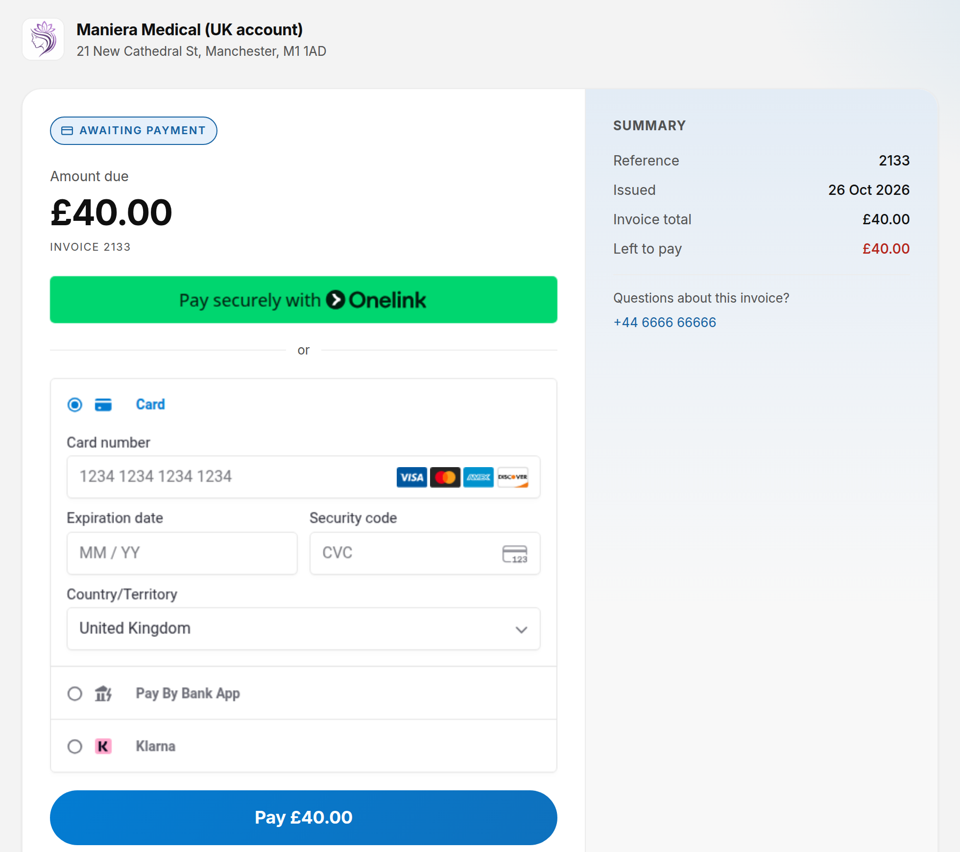 Secure invoice payment page showing the amount due and the Pay button