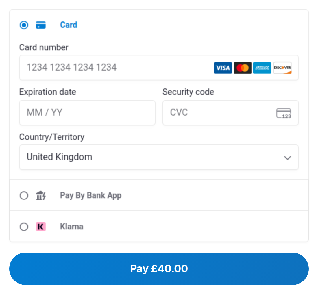 Card details and the Pay button on the invoice payment page