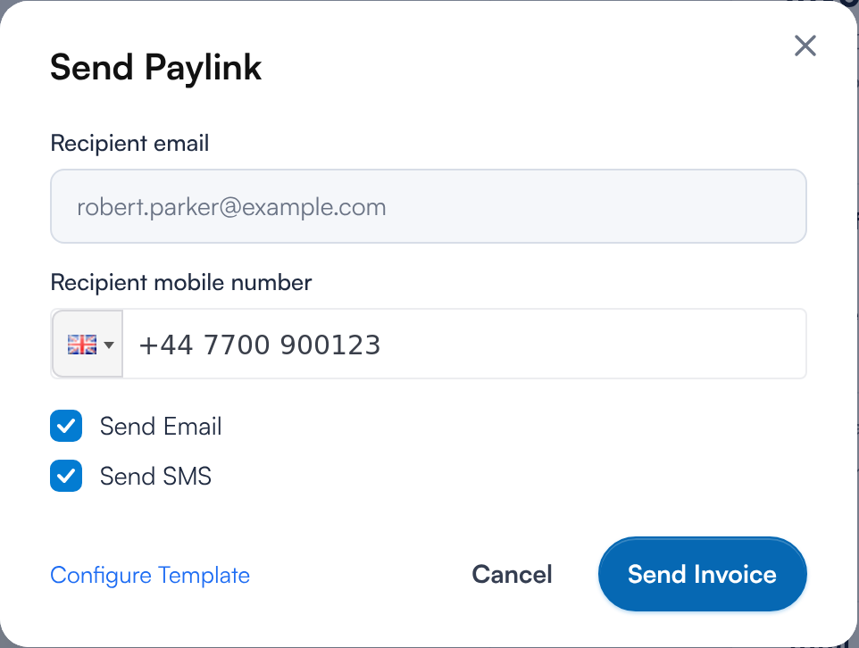 Send Paylink pop-up with Send Email, Send SMS and Send Invoice