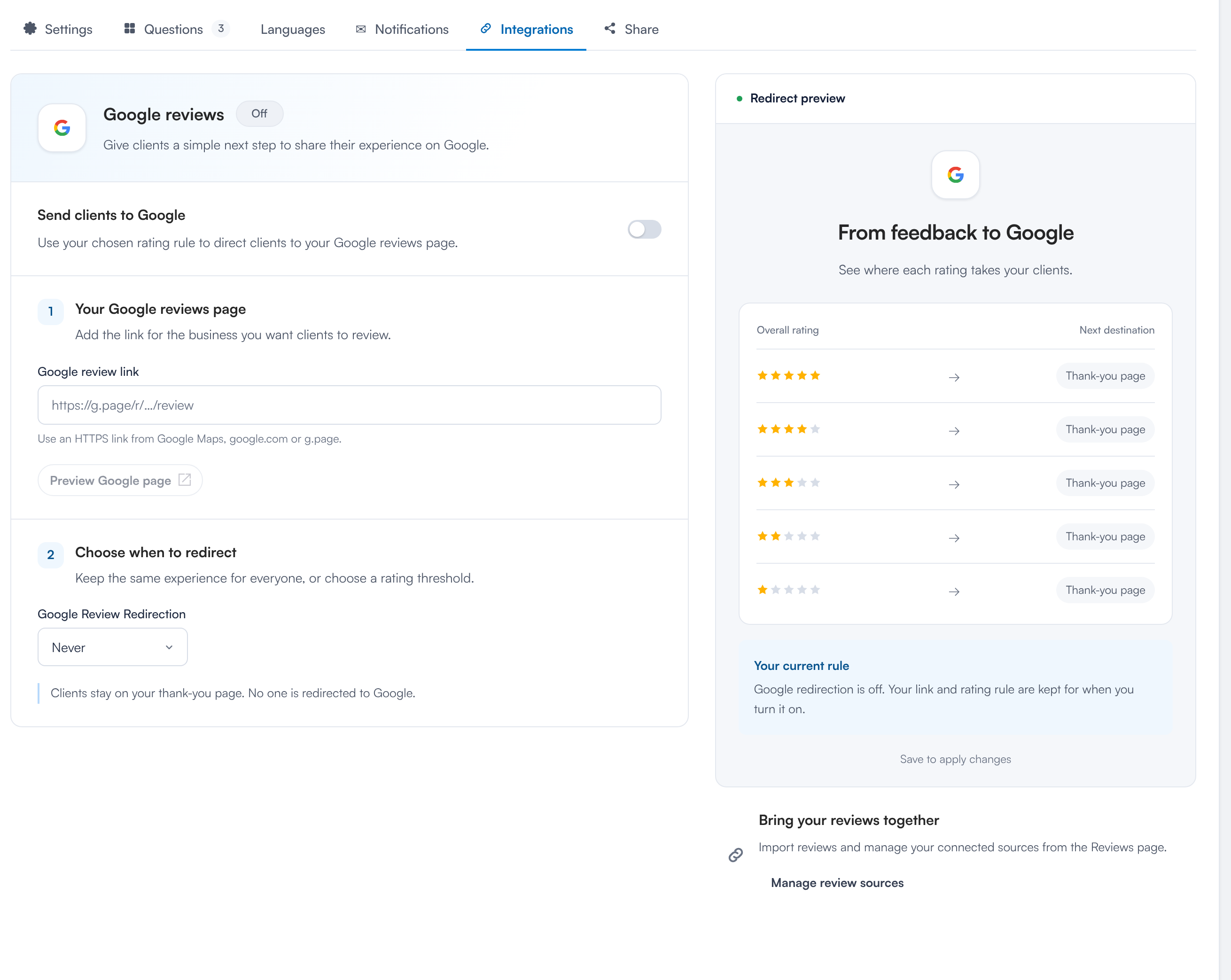 Review setup page, Integrations tab: Send clients to Google and redirect rules