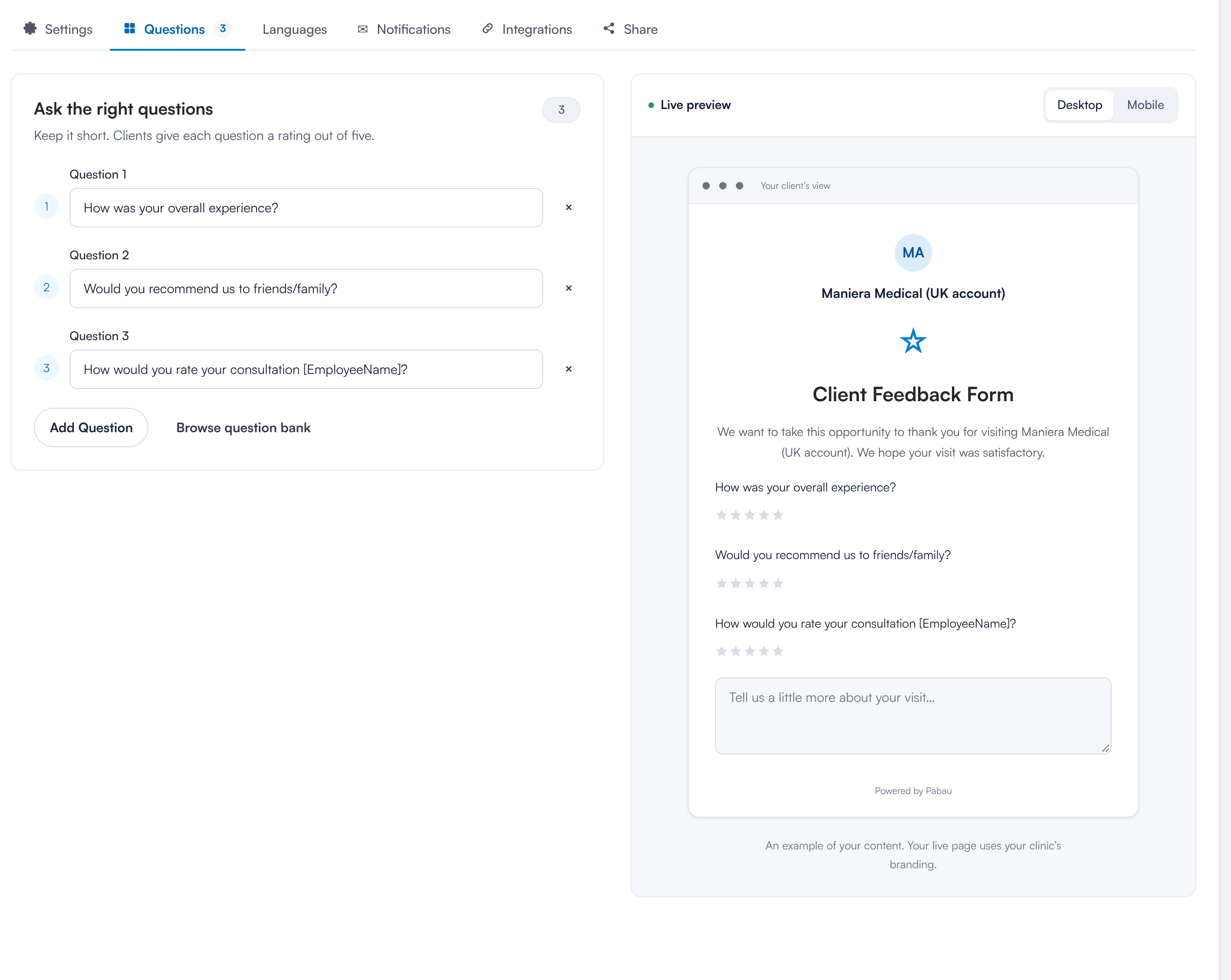 Review setup page, Questions tab with Add Question and Browse question bank