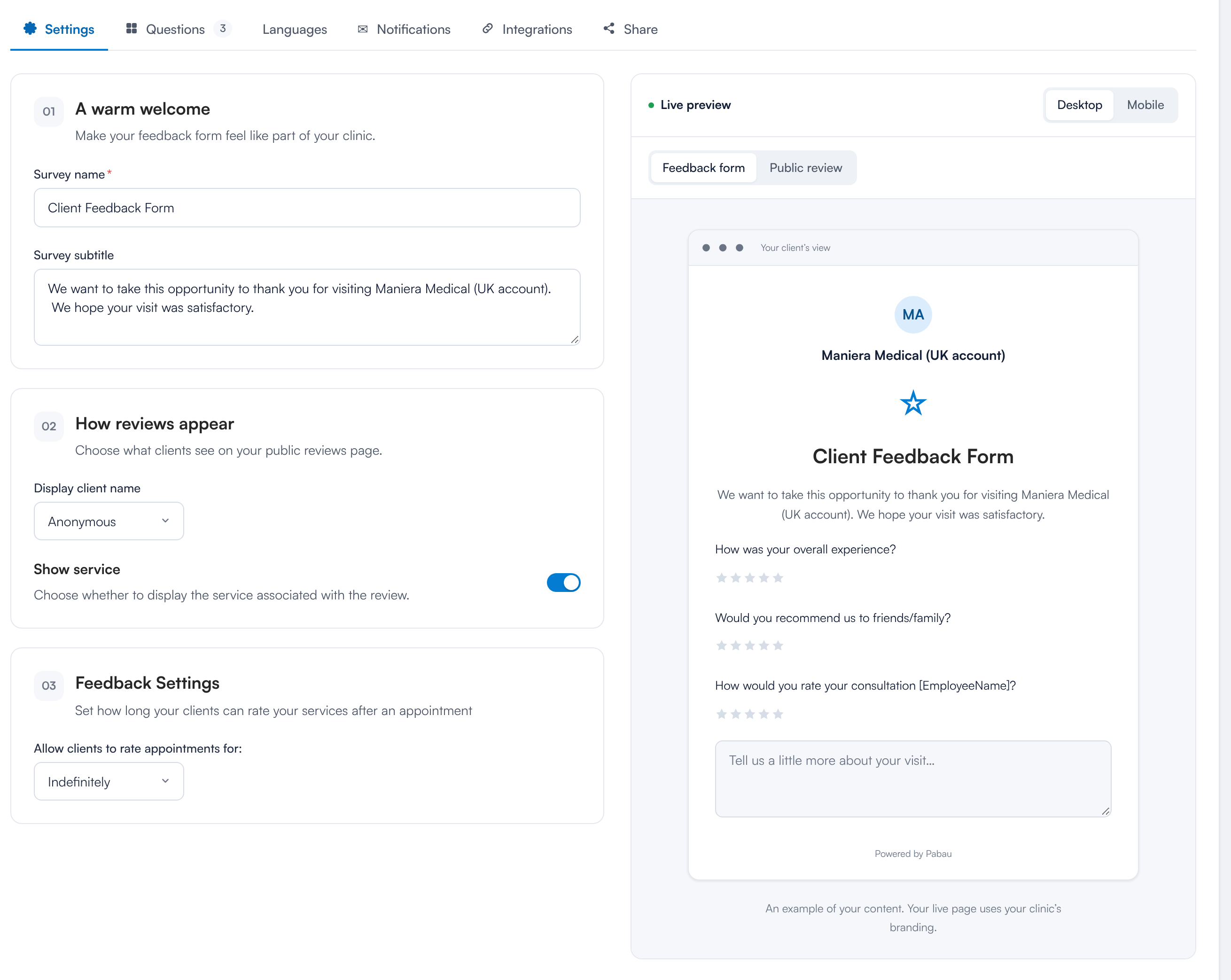 Review setup page, Settings tab, with the live preview of the feedback form