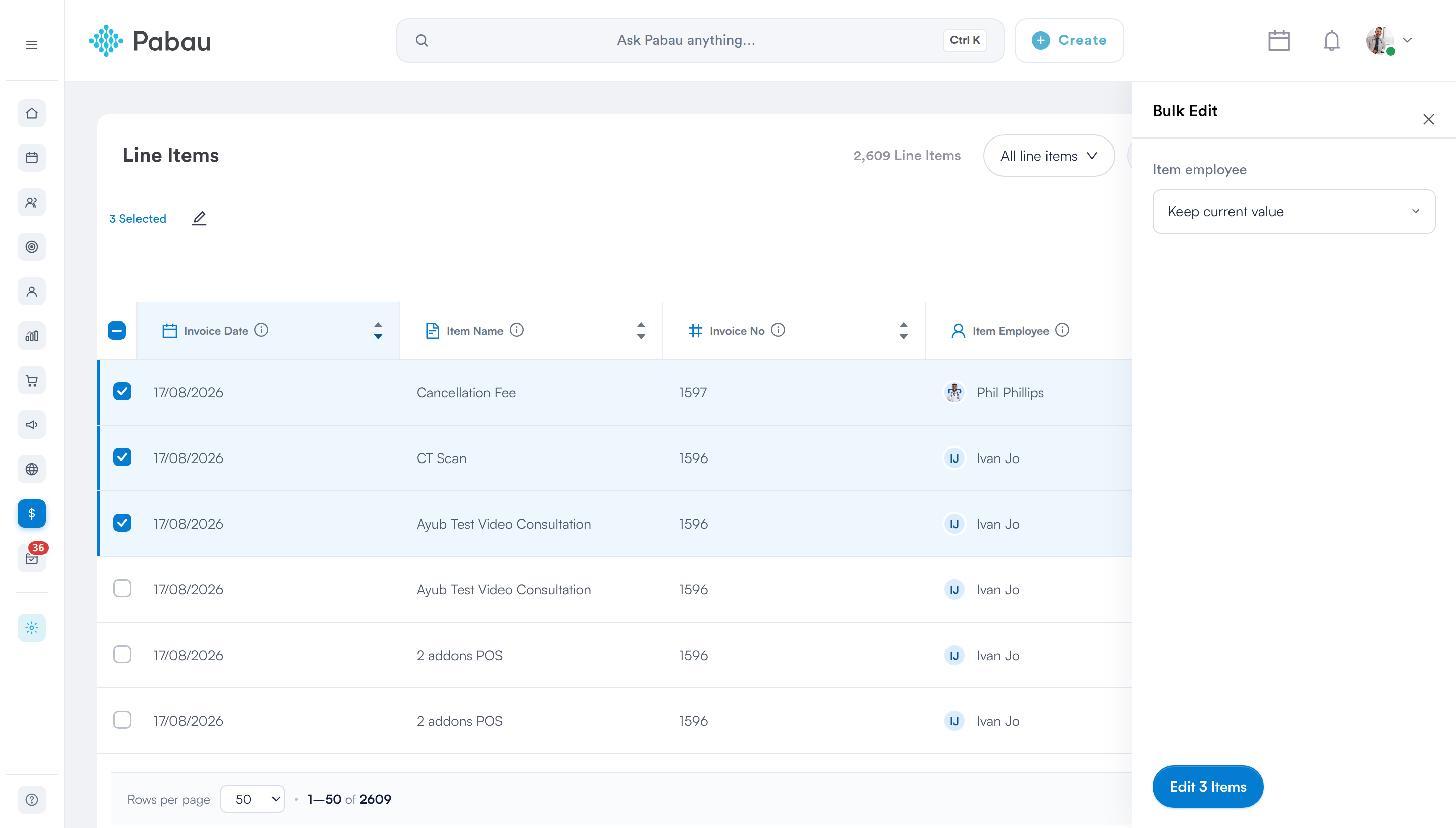 The Bulk Edit panel open, showing the fields available for sale items