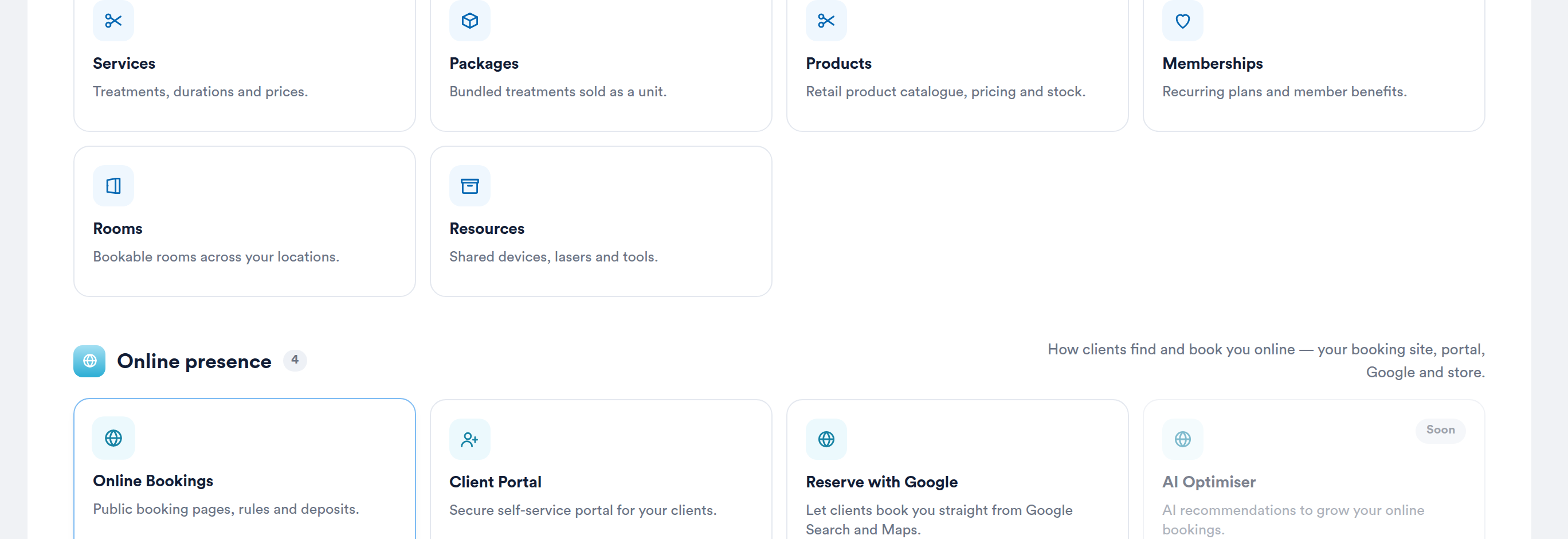Setup, Online presence section with Online Bookings, Client Portal and Reserve with Google