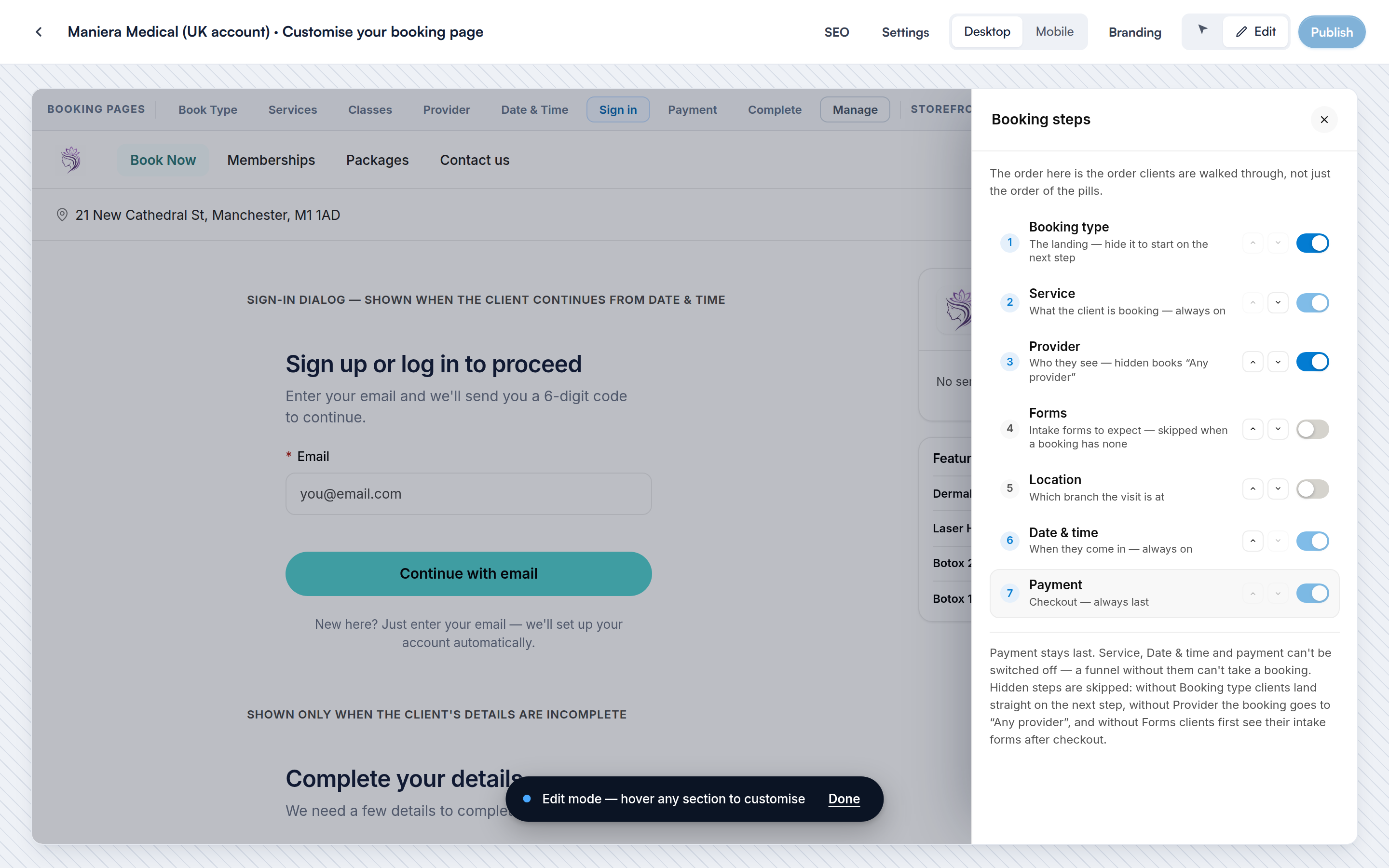 Pabau Studio with the Booking steps panel opened from Manage