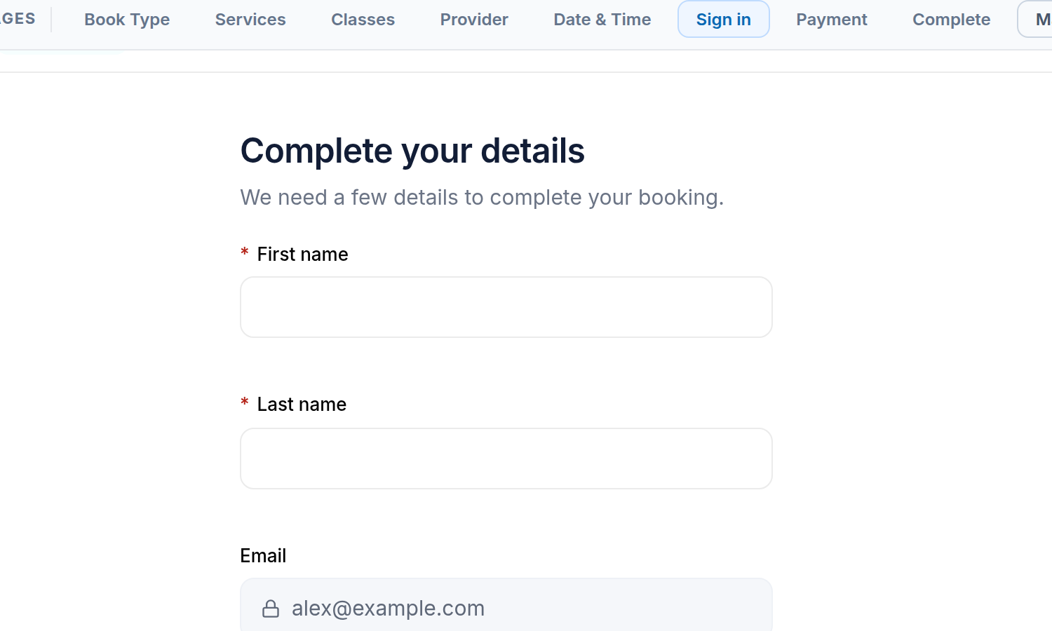 Pabau Studio, Sign in page: sign-up fields new clients complete